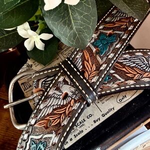 Acme Leather Eagle Floral Whipstitch Laced Trim Silver Turquoise Brown Belt